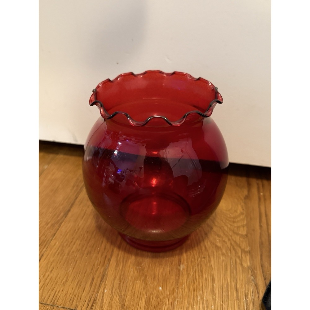 Vtg Ruby Red Glass Candle Holder scalloped edge Solid Round Decor 5" tall